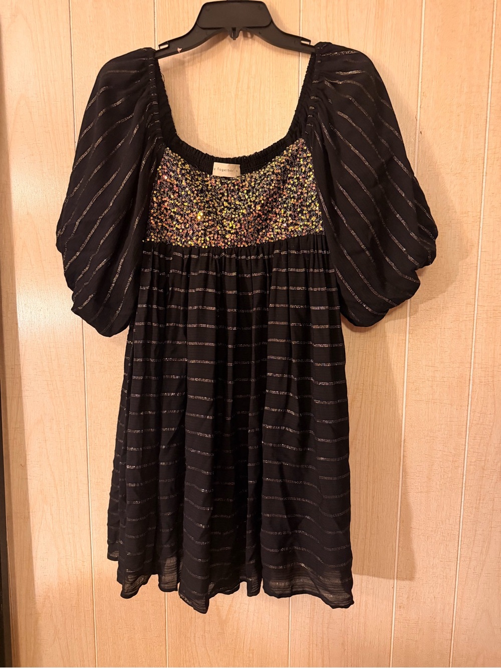 Together Black Puff-Sleeve Dress with Multicolor Smocked Bodice